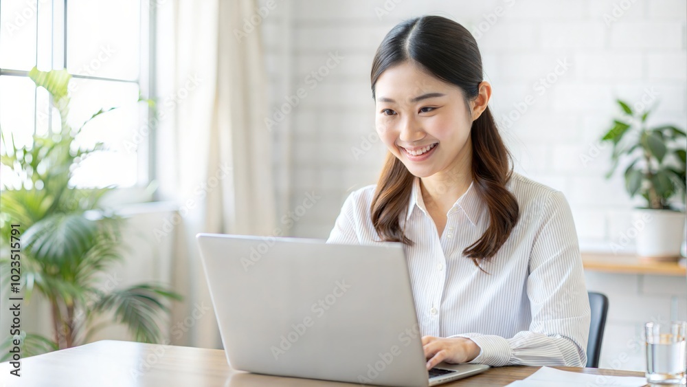 A young Japanese woman with a beautiful smile prepares for a remote work meeting using Zoom etc. while using a computer.Copy space available. A young Japanese woman with a beautiful smile prepares for a remote work meeting using Zoom etc. while using a computer.Copy space available.