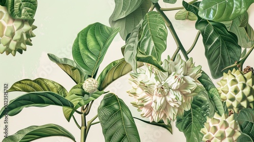 Cherimoya Delight Exquisite Botanical Illustration of Lush Leaves Blooming Flowers and Juicy Fruit Perfect for Nature Enthusiasts and Botany Guides