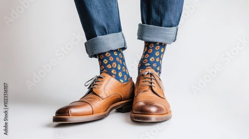 Trendy shoes and blue jeans with patterned long socks on a white background showcasing style and elegance