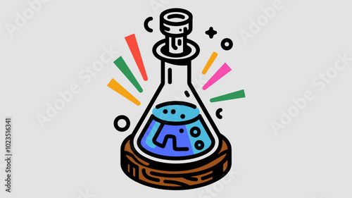 Stylized laboratory flask icon in bold lines and vibrant colors.