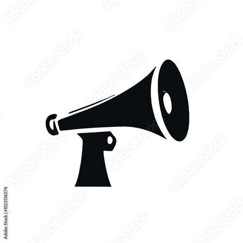 A black and white illustration of a megaphone or bullhorn with a sun-like symbol on the speaker 