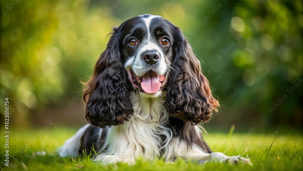 Adorable Black and White American Cocker Spaniel in Playful Pose Captured in Natural Light for Pet Lovers and Adorable Black and White American Cocker Spaniel in Playful Pose Captured in Natural Light for Pet Lovers and