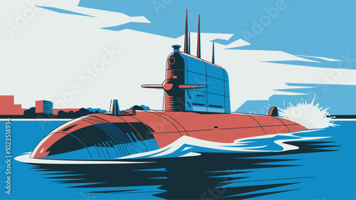 Stylized illustration of nuclear submarine in bold lines and colors.