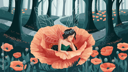 Fairy with paper quill wings resting on giant poppy in magical forest.
