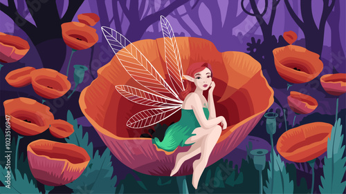 Fairy with paper quill wings resting on giant poppy in magical forest.