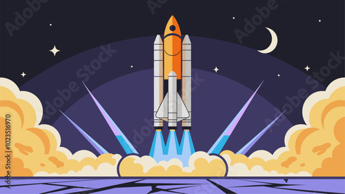 Stylized illustration of space rocket launch, emphasizing power.