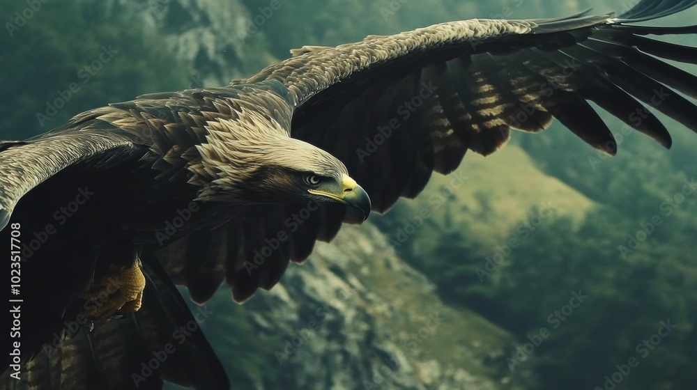 Fototapeta premium Eagle soaring, close-up of eagle wings in motion.