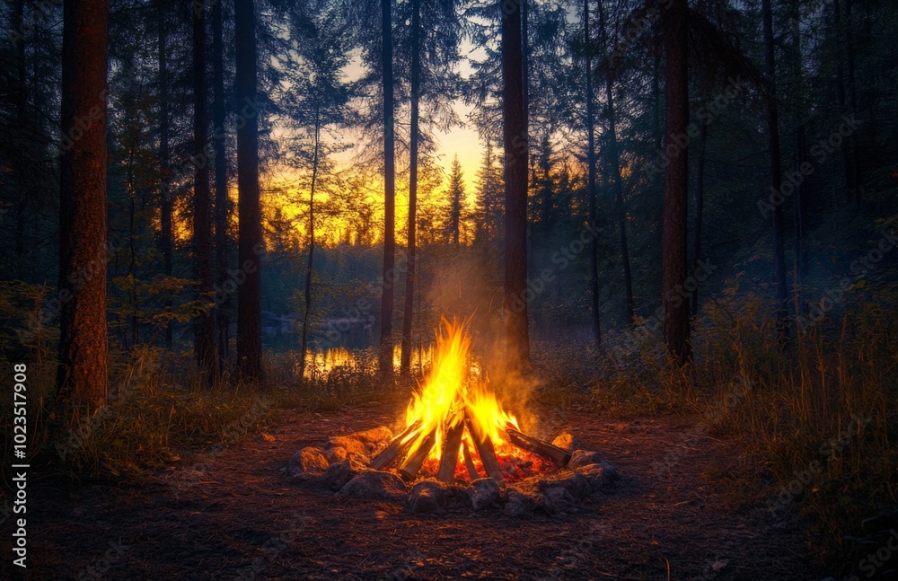 Vibrant Campfire Amid Towering Forest Trees at Dusk Vibrant Campfire Amid Towering Forest Trees at Dusk