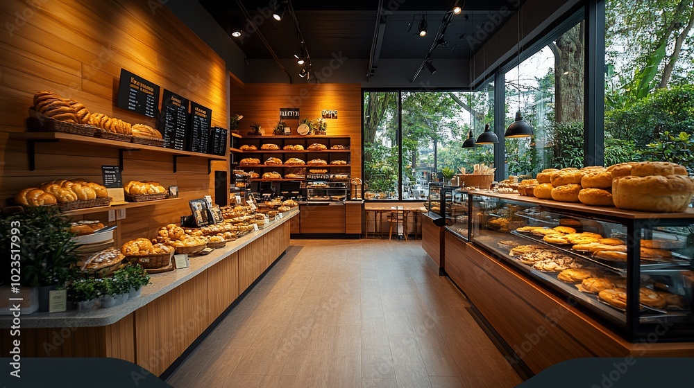 A modern bakery interior with shelves of fresh bread, pastries, and a glass display case.