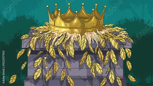 Golden crown melting into cascade of shimmering leaves.