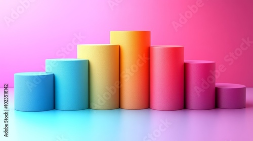 Colorful cylindrical shapes arranged in a gradient, resembling a bar graph or chart.