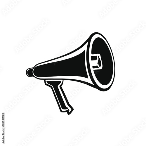 A black and white illustration of a megaphone or bullhorn with a sun-like symbol on the speaker 