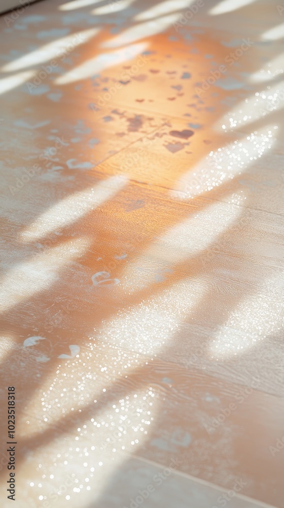 Fototapeta premium Soft sunlight filters through leaves, casting intricate shadows on the polished wooden surface