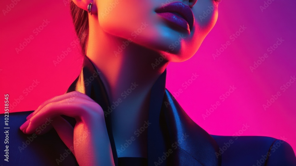 Fashion model, close-up of hands adjusting a sleek outfit, vibrant studio lighting
