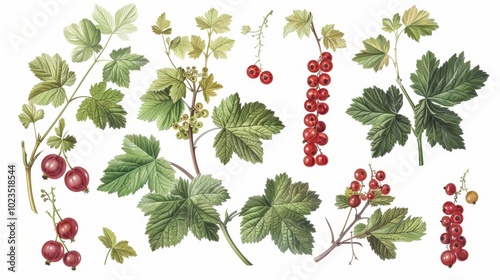 Lush Red Currant Botanical Illustration Vibrant Fruit Flowers and Leaves for Gardening Inspiration