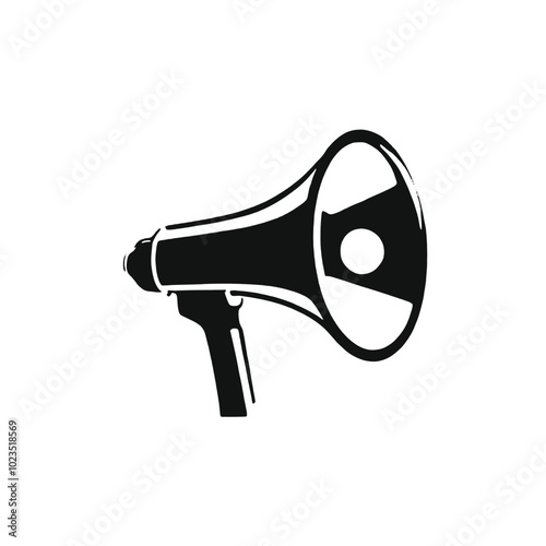 A black and white illustration of a megaphone or bullhorn with a sun-like symbol on the speaker 