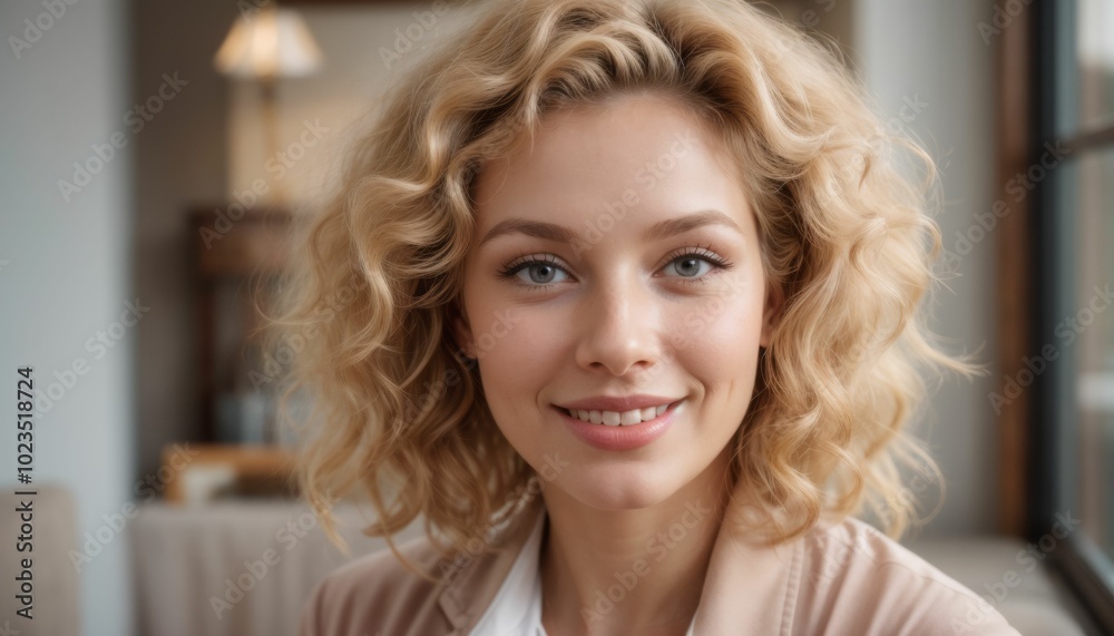 A smiling young woman with fair skin and shoulder-length, wavy blonde hair. She has green eyes and wears light makeup. Her outfit is a beige cardigan over a white shirt. A smiling young woman with fair skin and shoulder-length, wavy blonde hair. She has green eyes and wears light makeup. Her outfit is a beige cardigan over a white shirt.