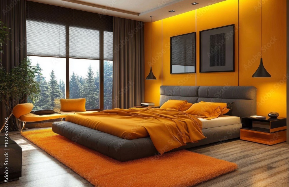 Fototapeta premium Modern Bedroom Interior with Yellow and Orange Accessories for Cozy Living