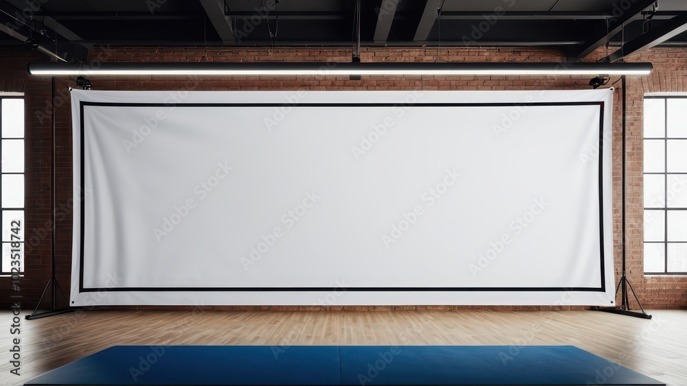 Banner mockup hanging in a gym setting. Ideal for fitness marketing or product promotion. Showcase your fitness logo or message in a realistic gym atmosphere Banner mockup hanging in a gym setting. Ideal for fitness marketing or product promotion. Showcase your fitness logo or message in a realistic gym atmosphere