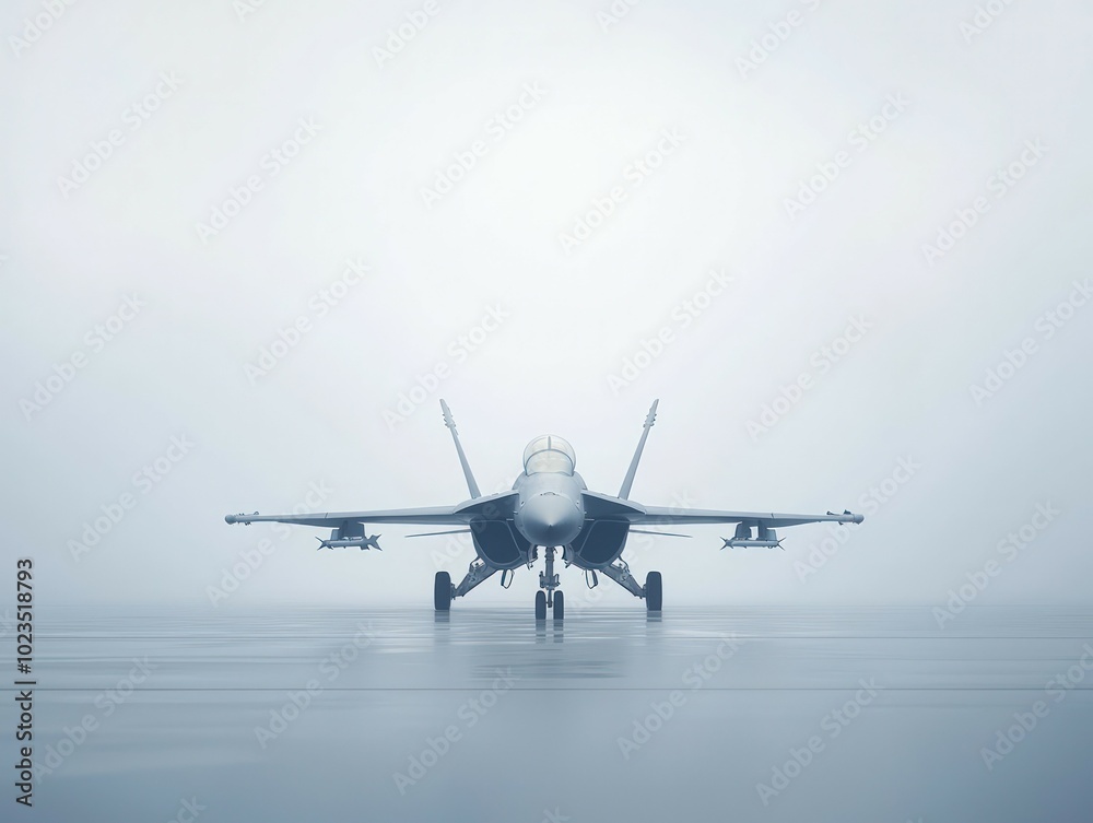 Fototapeta premium A military jet stands poised on a foggy runway, showcasing its sleek design and readiness for takeoff.