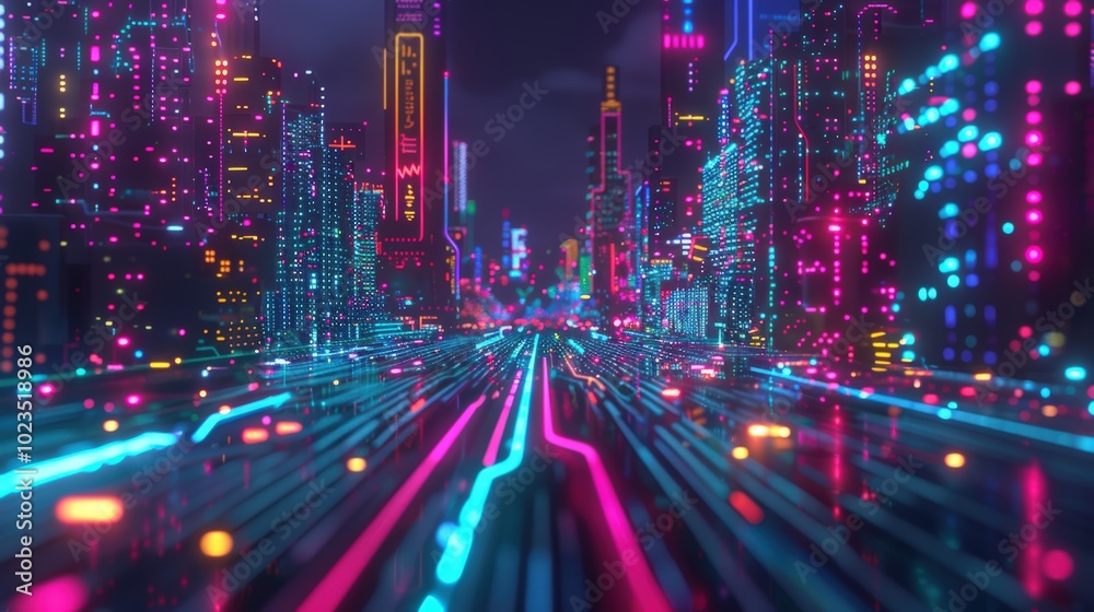 Futuristic Cityscape with Neon Lights and AI Elements