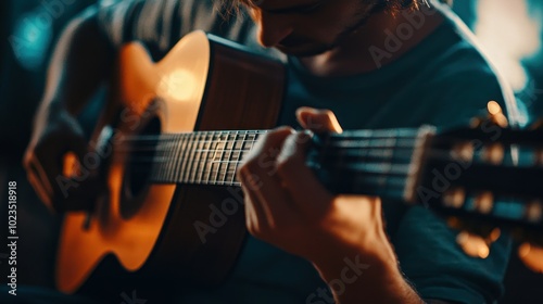 Close-up of a Person's Hand Playing an Acoustic Guitar photo