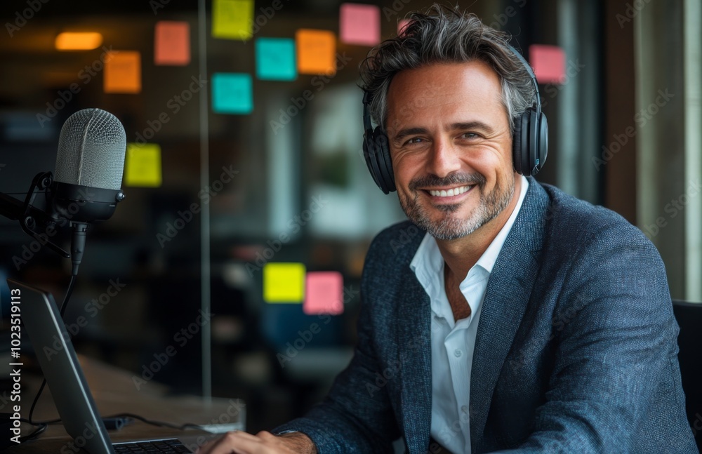 Handsome Radio Host Smiling in Studio with Headphones