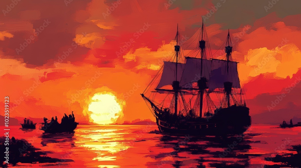 Fototapeta premium Silhouetted ships on a fiery sunset.