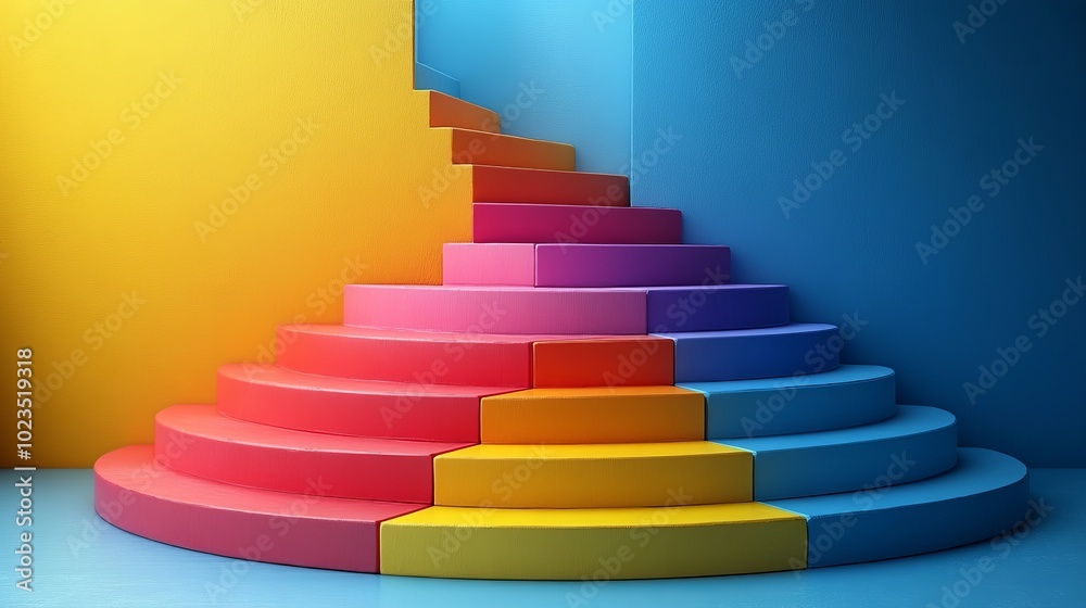 Colorful, stylized staircase with vibrant hues of yellow, pink, blue, and purple. Colorful, stylized staircase with vibrant hues of yellow, pink, blue, and purple.