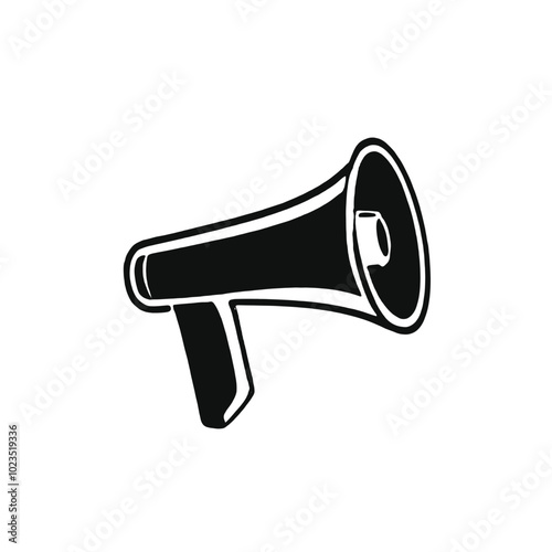 A black and white illustration of a megaphone or bullhorn with a sun-like symbol on the speaker 