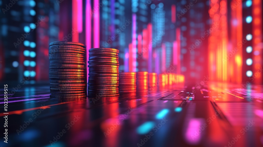 Stacked coins on a digital background representing finance and technology. Stacked coins on a digital background representing finance and technology.