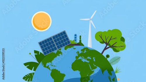 Illustration of a green planet with eco-friendly elements like solar panels, wind turbines, and trees, symbolizing sustainability and environmental protection photo