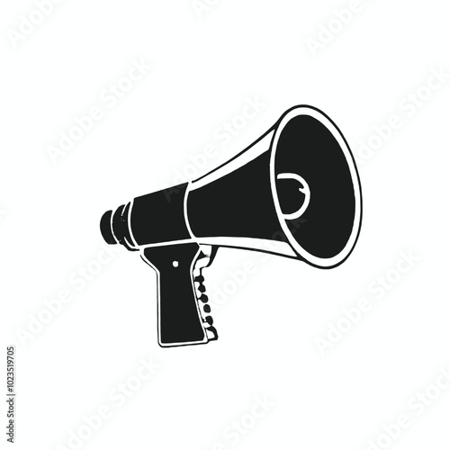 A black and white illustration of a megaphone or bullhorn with a sun-like symbol on the speaker 