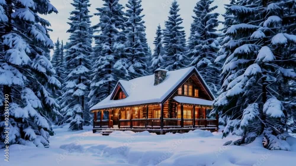A cozy log cabin surrounded by snow-covered trees in a winter landscape. A cozy log cabin surrounded by snow-covered trees in a winter landscape.