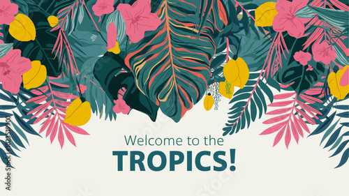 A vibrant and inviting banner featuring a profusion of tropical plants and flowers in a kaleidoscope of colors.
