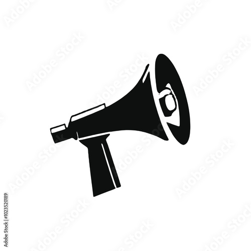 A black and white illustration of a megaphone or bullhorn with a sun-like symbol on the speaker 