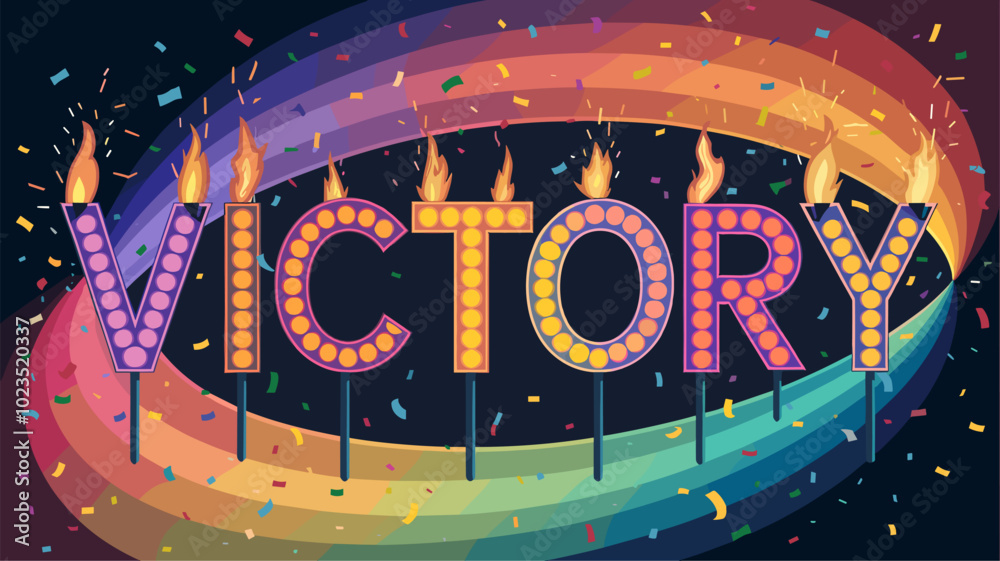 A kaleidoscope of lights and confetti swirling around the word 