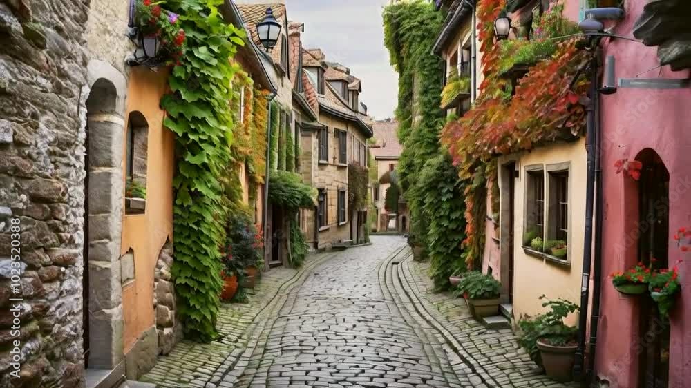 A charming cobblestone street lined with ivy-covered houses in a picturesque village. A charming cobblestone street lined with ivy-covered houses in a picturesque village.