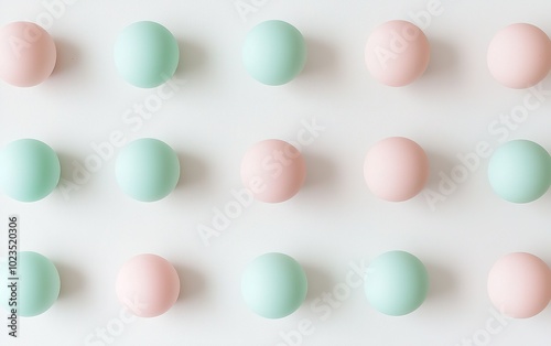 Pastel colored spheres arranged in a grid pattern on a white background for a creative design or decoration concept