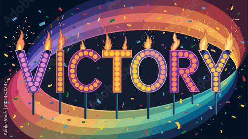 A kaleidoscope of lights and confetti swirling around the word "Victory