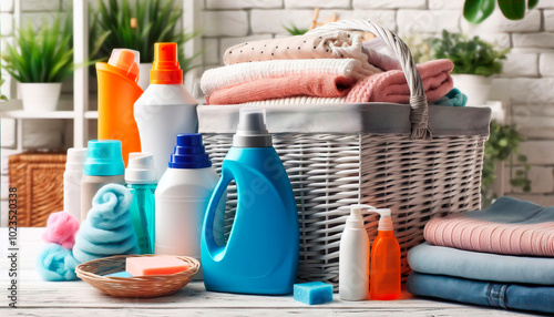 Laundry Supplies Basket for Clothes Cleaning. Concept  Laundry detergent, fabric softener, stain remover, laundry baskets