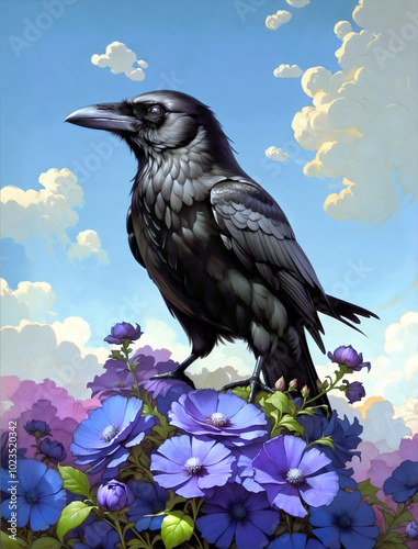 raven standing on flowers