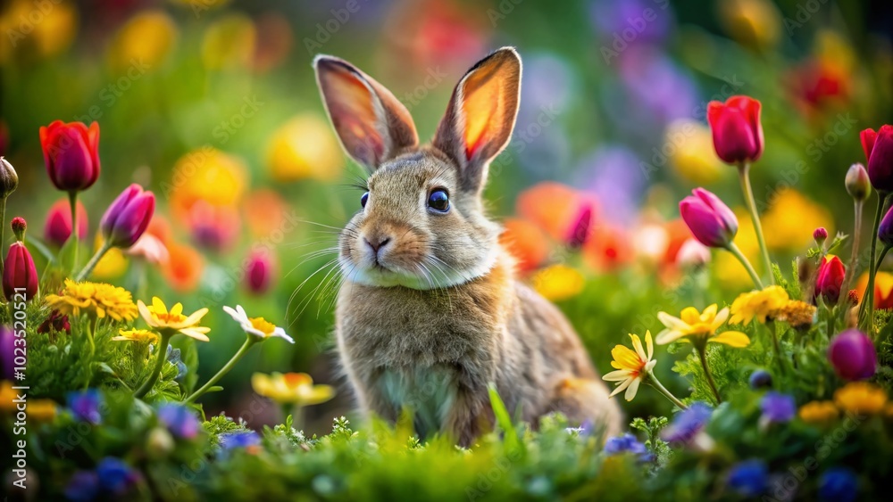 Adorable Rabbit Sitting Calmly in a Lush Green Field Surrounded by Flowers, Perfect for Nature and Animal Lovers Adorable Rabbit Sitting Calmly in a Lush Green Field Surrounded by Flowers, Perfect for Nature and Animal Lovers