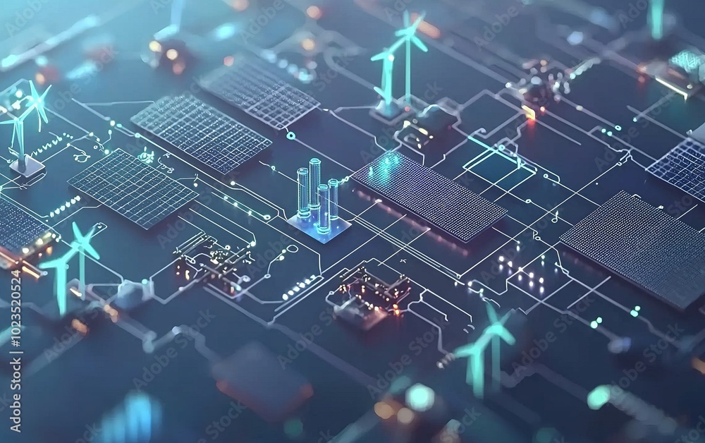 Aerial view of a futuristic circuit board depicting renewable energy sources and smart technology integration Aerial view of a futuristic circuit board depicting renewable energy sources and smart technology integration
