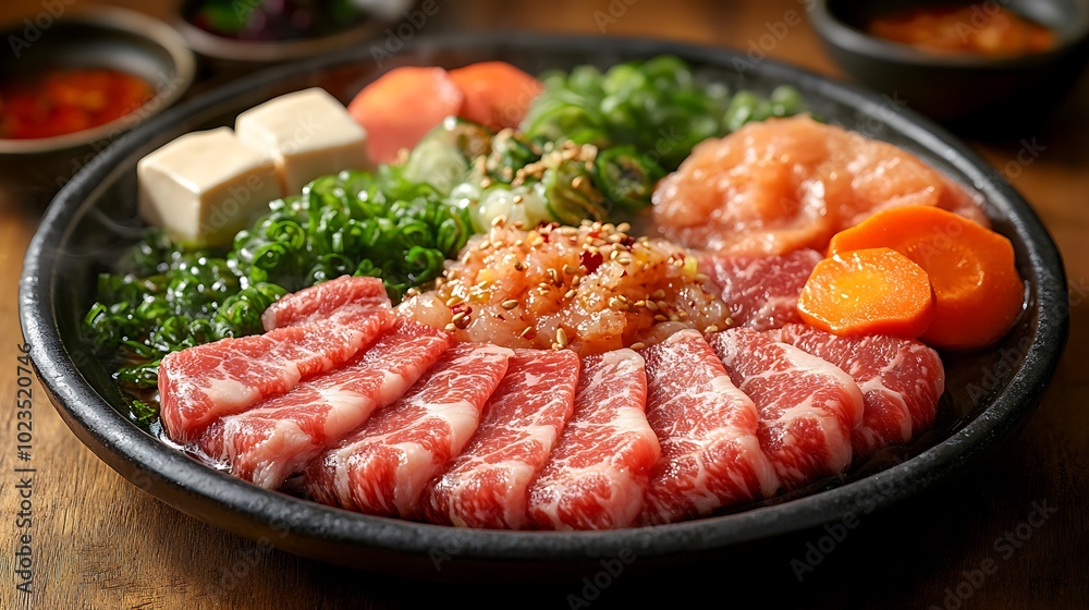 Shabu-Shabu with Thinly Sliced Beef: A beautifully arranged platter of thinly sliced beef, vegetables, and tofu, ready for dipping into a simmering hot pot of broth. Shabu-Shabu with Thinly Sliced Beef: A beautifully arranged platter of thinly sliced beef, vegetables, and tofu, ready for dipping into a simmering hot pot of broth.
