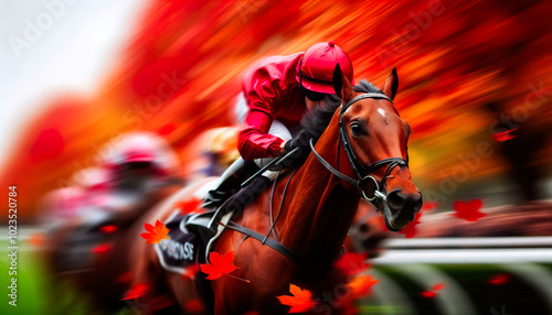 Jockey in red races towards victory, autumn leaves blurring behind, capturing fierce speed and determination of Melbourne premier horse racing events