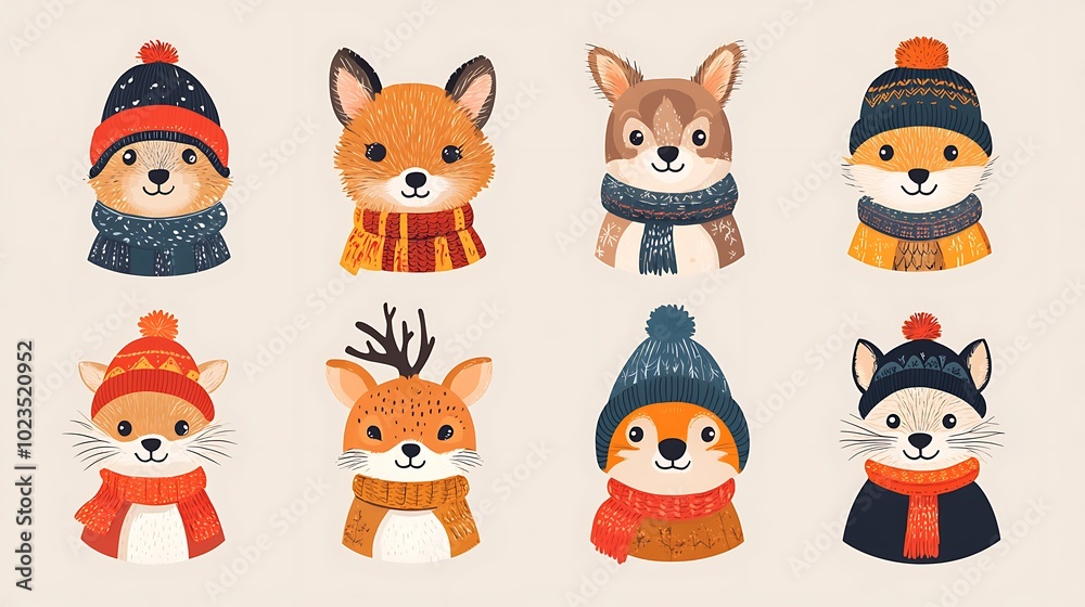Cute Animal Icons with Hats and Scarves Cute Animal Icons with Hats and Scarves