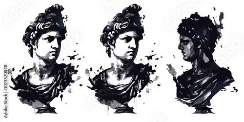 Set of three graffiti-style busts of classical sculptures. Black and white ink splash art depicting ancient statues, capturing a modern, edgy interpretation of classical Greek and Roman aesthetics.