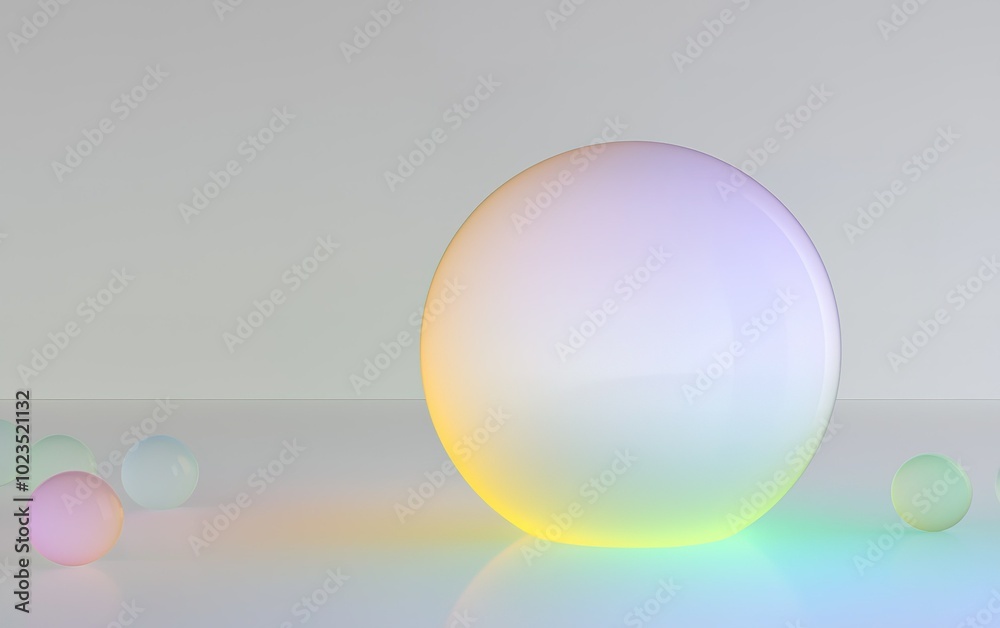 A large translucent sphere with colorful gradients sits on a smooth surface illuminated by soft light, accentuating its ethereal appearance A large translucent sphere with colorful gradients sits on a smooth surface illuminated by soft light, accentuating its ethereal appearance