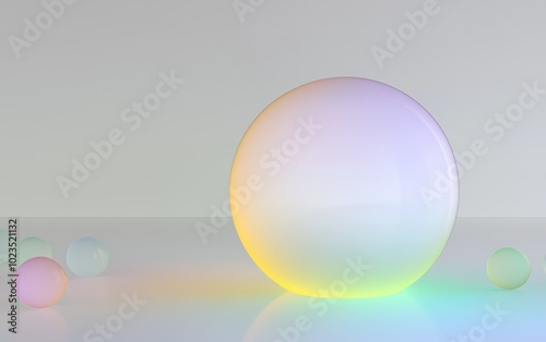 A large translucent sphere with colorful gradients sits on a smooth surface illuminated by soft light, accentuating its ethereal appearance